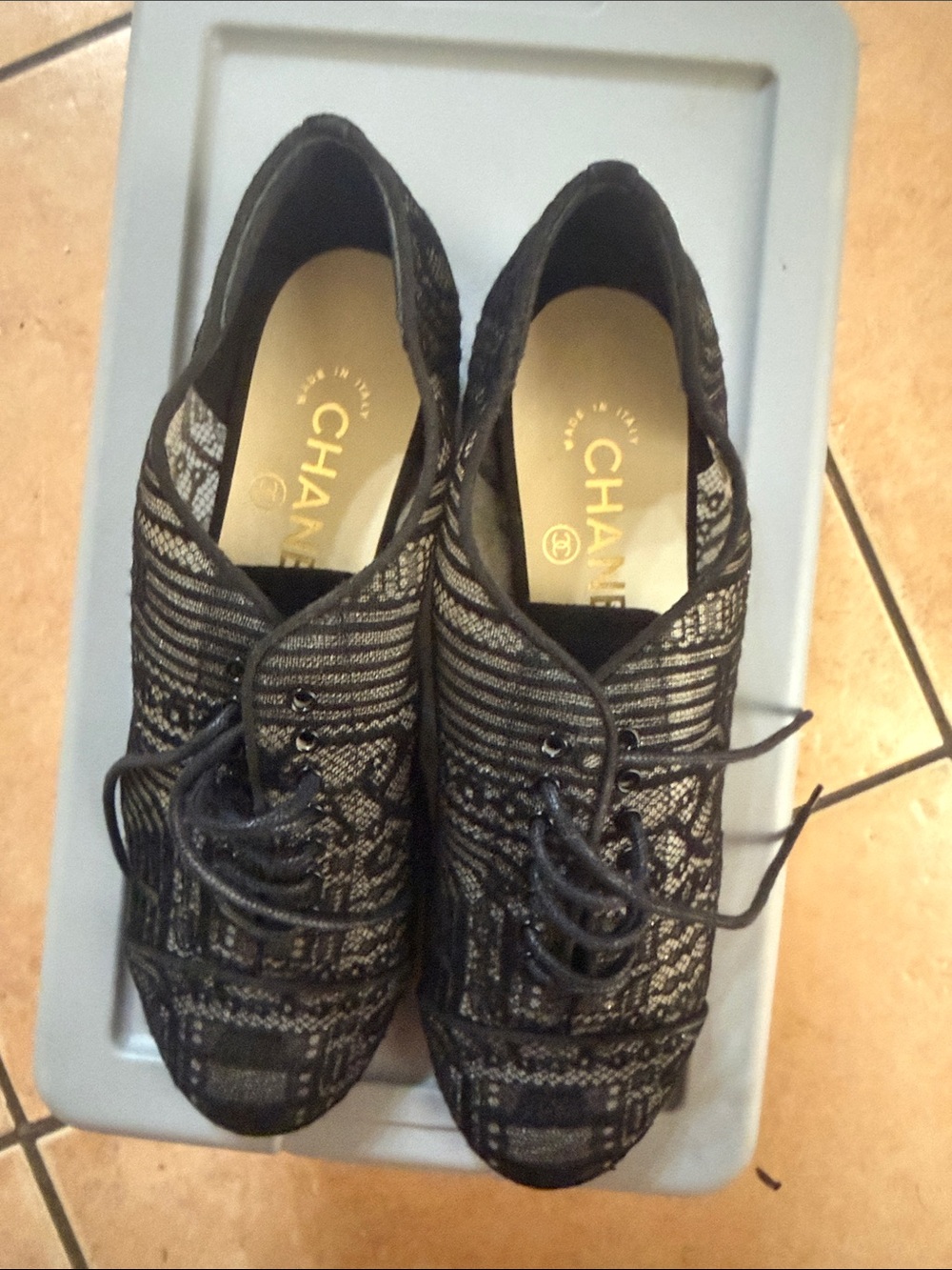 CHANEL Black Lace-Up Patterned Sneakers
